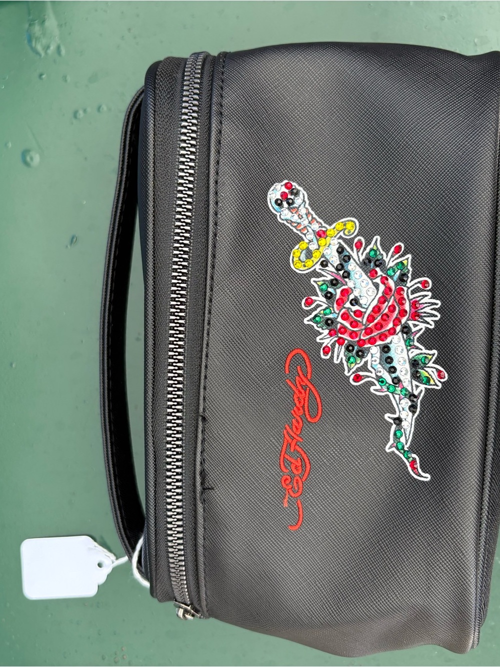 Ed Hardy Black Toiletry Pouch with Colorful Embroidered Dagger